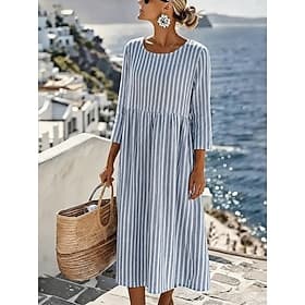 Women's Midi Dress Shift Dress Sundress Vacation Casual Beach Going out Regular Fit Graphic Geometric Stripe 3/4 Length Sleeve Crewneck Blue Red Green Grey Sum