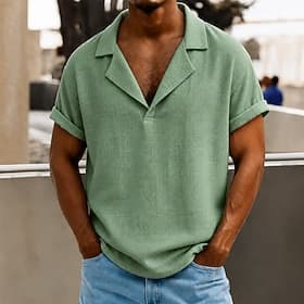 Men's Linen Shirt Polo Shirts Casual Vacation Classic Short Sleeve Vacation Fashion Plain Textured Buttons Breathable Summer Spring Blue Purple Brown Green Lin