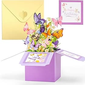 3D Butterfly Pop Up Birthday Card for Women, Purple Flower Box Card with Daisies, Unique Butterfly Garden Greeting Card for Mom, Grandma, Sister, Friend, Inclu