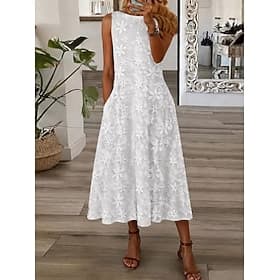 Women's Midi Dress Lace Dress White Dress Elegant Fashion Daily Beach Vacation Regular Fit Floral Sleeveless Boat Neck White Summer Spring thumbnail 2
