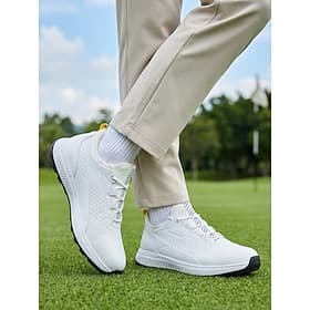 Men's White Golf Sneakers, Lace-Up Sport Walking Shoes, Comfortable Non-Slip Shoes for Golf, Outdoor, Daily Wear