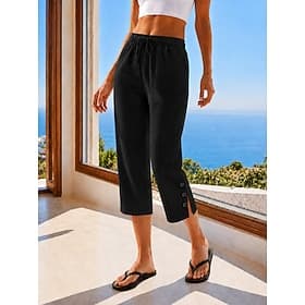 Women's Cotton Linen Shorts Capri Pants Chinos Shorts Vacation Streetwear Casual Knee Length Medium Waist Plain Pocket Elastic Waist Breathable Inelastic Daily thumbnail 2