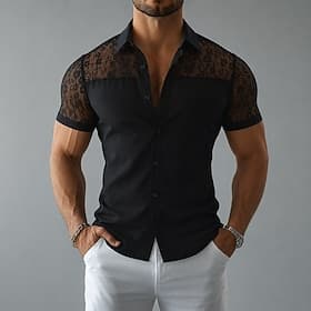 Hombre Camisa Camisa casual Abotonar la camisa Camisa Jacquard Negro Manga Corta Plano Cuello Camisero Casual Diario Encaje Ropa Elegante Moda Casual thumbnail 2