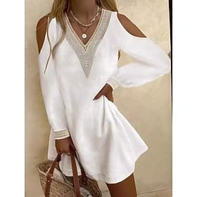 Women's Mini Dress Lace Dress White Dress Casual Dress Summer Dress Elegant Fashion Daily Beach Vacation Regular Fit Plain Long Sleeve V Neck Black White Rose