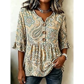 Women's Blouse Buttons Print Floral Graphic Paisley Vintage Stylish Modern Half Sleeve V Neck Regular Tops Casual Daily White Yellow Green Summer Spring