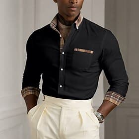 Men's Shirt Dress Shirt Button Up Shirt Plaid Daily Business Black White Red Dark Blue Long Sleeve Turndown All Seasons Clothing Apparel Patchwork