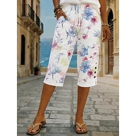 Dames Katoenen linnen shorts Capri broeken Leggings Cropped broeken Vakantie Vintage oma-stijl aan de kust Kuitlengte Medium Taille Bloemig Grafisch Abstract A
