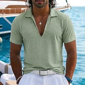 Men's T Shirt Short Sleeve Shirt Tee Top Linen T-Shirt Short Sleeve Turndown V Neck Summer Spring Plain Pit Strip Streetwear Stylish Casual Plain Casual Daily