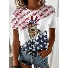 Amerikaanse onafhankelijkheidsdag Dames T-shirt Afdrukken Grafisch Vlag Brief Vintage Modieus Stijlvol Korte mouw Strakke ronde hals Ronde hals Normale tops Ca thumbnail 2