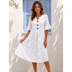 Women's Midi Dress Casual Dress White Lace Dress with Sleeves A Line Dress Casual Beach Loose Fit Solid Color Short Sleeve V Neck White Summer Spring