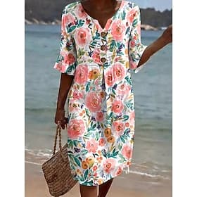 Women's Knee Length Dress Casual Dress A Line Dress Elegant Vacation Stylish Beach Holiday Regular Fit Floral Graphic Short Sleeve V Neck Blue Yellow Pink Gree