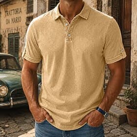 SoftFade™ Men's Polo Shirts 100% Cotton Acid Wash Shirt Casual Holiday Lapel Short Sleeve Fashion Basic Plain Textured Buttons Vintage Summer Spring Blue Brown