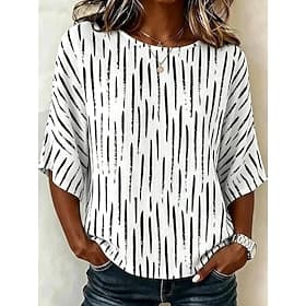 Women's Linen-feel Shirts Blouse Print Graphic Geometric Striped Bohemia Tropical Stylish 3/4 Length Sleeve Half Sleeve Crew Neck Regular Tops Casual Daily Vac