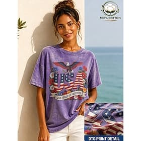 Amerikaanse onafhankelijkheidsdag Dames 100% Katoen T-shirt Vintage gewassen tops Afdrukken Grafisch Brief Vintage Modieus Stijlvol Korte mouw Strakke ronde ha thumbnail 2