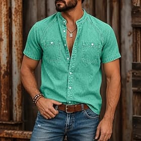 SoftFade™ Men Shirt Casual Shirt Acid Wash Shirt Garment Dyed Black Light Green Pink Purple khaki Short Sleeve Plain Grandad Collar Casual Daily Front Pocket C