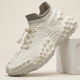 Men's White Knit Sock Sneakers, Lace-Up Chunky Sole Sport Shoes, Breathable Lightweight Shoes for Outdoor, Travel, Daily Wear