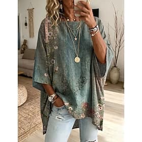 Women's Blouse Print Floral Graphic Bohemia Daily Ethnic 3/4 Length Sleeve Crew Neck Boat Neck Long Tops Casual Daily Holiday Black Pink Purple Green Summer Sp