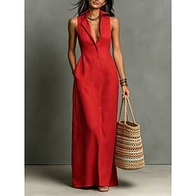 Women's Maxi Dress A Line Dress Summer Dress Casual Daily Regular Fit Plain Sleeveless Lapel Navy Black White Red Summer
