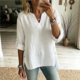 Women's Shirt Blouse Solid Color Elegant Vacation Fashion Long Sleeve V Neck Long Tops Casual Daily Light Yellow Light Blue Black White khaki Summer Spring