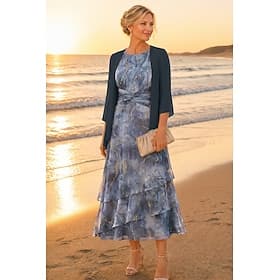 Two Piece A-Line Ankle Length Wedding Guest Dress Mother of the Bride Dress 3/4 Length Sleeve Scoop Neck Elegant Simple Casual Formal Wedding Guest Family Gath