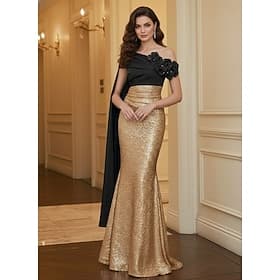 Mermaid Trumpet Sweep Brush Train Evening Gown Elegant Glittering Celebrity Style Sleeveless One Shoulder Garden Party Wedding Capes Satin Sequined with Glitte