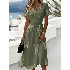 Women's Midi Dress Wrap Dress A Line Dress Vacation Casual Boho Outdoor Beach Going out Regular Fit Floral Graphic Short Sleeve V Neck Green Summer Spring