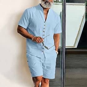 Hombre Camisa de lino 2 Piezas Conjunto de camisa Y Pantalón corto Pantalones cortos de lino Pantalones cortos de playa Establecer Plano Un Color Casual Diario