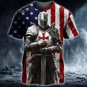 Men's Knights Templar Crusaders Cross T Shirt Short Sleeve T shirt 3D Print Crew Neck Shirt Religious Street Dark Party Blue Blue 1# All Seasons Clothing Appar