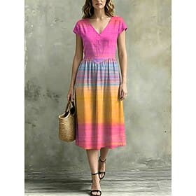 Women's Midi Dress A Line Dress Casual Regular Fit Graphic Color Gradient Short Sleeve V Neck Blue Pink Purple Green Summer Spring