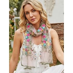 Women's Boho Floral Embroidered Scarf - Lightweight Breathable Polyester Shawl in Multiple Colors, Perfect Mother's Day Gift for Beach Vacation, Daily Casual W
