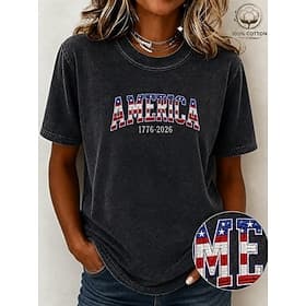 American Independence Day Women's 100% Cotton Washed Embroidered Elegant Vintage Cotton T Shirt Summer Tops Fashion Short Sleeve Crew Neck Round Neck Regular T