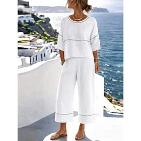 Women's Pants Sets 3/4 Length Sleeve Crew Neck Solid Color Fashion Streetwear Casual Daily Outdoor Blue White Green Summer Loose Fit