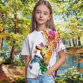 Fille 3D Graphique Animal Girafe T-shirt Manche Courte Impression 3D Printemps Actif Mignon Enfants 5-12 ans Quotidien École Coupe régulière