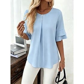 Women's Shirt Blouse Solid Color Elegant Vacation Short Sleeve Lotus Leaf Sleeve Crew Neck Regular Tops Casual Daily Light Blue Orange-red Light Green Pink Lig
