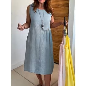 Women's Knee Length Dress Midi Dress Sundress Casual Dress Vacation Casual Beach Party Date Regular Fit Plain Sleeveless Crew Neck Blue Red Green Khaki Summer
