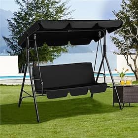 3-Person Porch Swing Chair, Patio Swing Chair with Adjustable Canopy Outdoor Swing with Steel Frame for Yard, Lawn, Garden, Pool (Black)