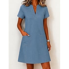 Women's Mini Dress Denim Dress Casual Dress Fashion Basic Daily Outdoor Vacation Regular Fit Plain Short Sleeve V Neck Black Dark Blue Light Blue Summer Spring