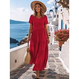 Femmes Robe maxi Robe Décontractée ancien Quotidien Coupe Ample Uni Manche Courte Col ras du cou Kaki Noir Blanche Rose Claire Été