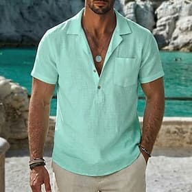 Men Shirt Linen Shirt Summer Shirt Beach Shirt Plain Casual Daily Blue White Pink Green Short Sleeve Camp Collar Summer Spring Clothing Apparel Plain