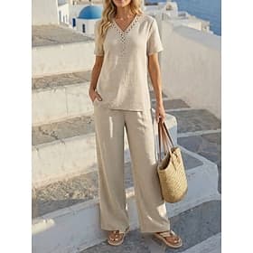 Women's Shirt Pants Sets Short Sleeve V Neck Solid Color Fashion Streetwear Casual Daily Outdoor Beige Spring  Summer Regular Fit