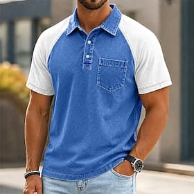 SoftFade™ Men's Polo Shirts 100% Cotton Acid Wash Shirt Casual Vacation Lapel Short Sleeve Fashion Basic Plain Color Block Raglan Sleeves Spring  Summer Regula