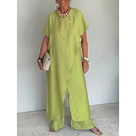Women's Pants Sets Short Sleeve Round Neck Solid Color Wrap Casual Blue claret Silver / Gray Summer