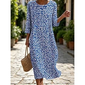 Women's Midi Dress Sundress Summer Dress Vacation Casual Boho Beach Holiday Regular Fit Floral Graphic 3/4 Length Sleeve Crew Neck Blue Pink Red Green Summer S