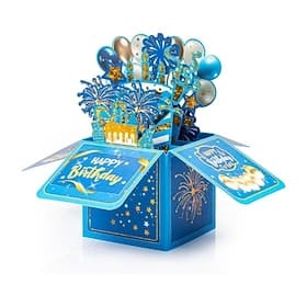 3D Pop Up Birthday Card for Men Boys, Blue and Gold Fireworks Birthday Card in a Box, Unique Pop-Up Greeting Card with Balloons and Cake, Happy Birthday Gift f