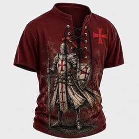 Per uomo Cavalieri Templari Croce Maglia Henley Maglietta Manica Corta maglietta Stampa 3D Collo con lacci Henley Camicia Religioso Quotidiano Festival Rosso C thumbnail 2