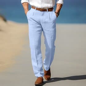 Men's Linen Pants Trousers Casual Pants Summer Pants Pleated Buttons Plain Comfort Breathable Full Length Daily Business Holiday Fashion Classic Style Blue Kha