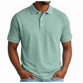 Men's Waffle Polo Shirts Textured Casual Work Lapel Short Sleeve Basic Modern Patchwork Buttons Breathable Spring  Summer Blue Navy Blue Green Gray Waffle Polo