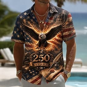4 de julio de 2026, 250 aniversario Hombre Águila Bandera estadounidense Camisa Camisa de verano Abotonar la camisa Manga Corta Patriótico Exterior Festival Ve thumbnail 5