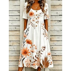 Women's Midi Dress Sundress Casual Dress A Line Dress Summer Dress Vacation Casual Beach Beach Holiday Regular Fit Floral Graphic Short Sleeve Scoop Neck Blue