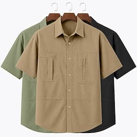 Men Shirt Casual Shirt Work Shirt Button Up Shirt Black Yellow khaki Military Green Coffee Short Sleeve Plain Shirt Collar Casual Daily Front Pocket Clothing A thumbnail 2